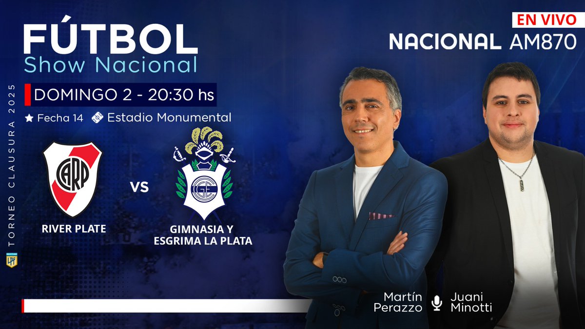 #FútbolShowNacional | ¡Partidazo en el Monumental y lo vas a vivir por <a href="/NacionalAM870/">Radio Nacional AM 870</a> !⚽ 

Desde las 19:45 hs, transmitimos #River vs #Gimnasia en #AM870 📻

Relata <a href="/munecoperazzo/">Martin Perazzo</a>  comenta <a href="/JIMinotti/">Juan Ignacio Minotti</a>  
Vestuarios <a href="/sebaleanza/">Seba Leanza</a> y <a href="/goojeda/">Gonzalo Ordóñez Ojeda</a> 
       
 📻AM870
#TuRadio