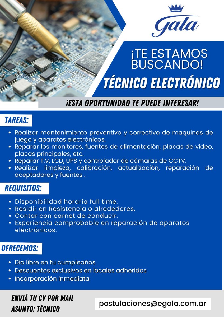 tneaar's tweet image. 🔵⚪️ [#Resistencia] - GALA busca #TÉCNICO #ELECTRÓNICO

👉 Enviá tu CV por mail a: 📧 postulaciones@egala.com.ar con Asunto: ▪TÉCNICO▪

#TNEA #Chaco #empleoar #trabajoar
