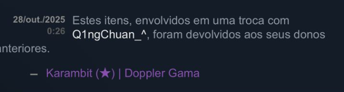 Vendi essas 2 skins que deram +- R$100.000 e reverteram a troca, em menos de 1 dia eu reembolsei pra ele 100% o valor das 2. Quando forem comprar/vender skins procurem saber da reputação da pessoa pra não terem problemas no pós venda/compra. 🫡