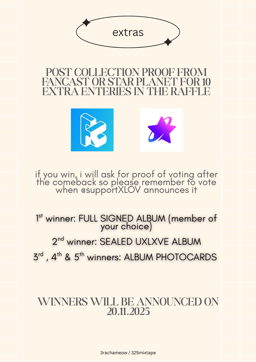 XLOV SIGNED ALBUM GIVE AWAY! 

5 winners of different merch! follow instructions in this post to join.

GIVE AWAY ENDS 20.11.2025

VOTING PROOF ONLY AFTER THE COMEBACK TO JOIN! 

The only account which will announce the winner is THIS account &amp; 325mixtape on instagram