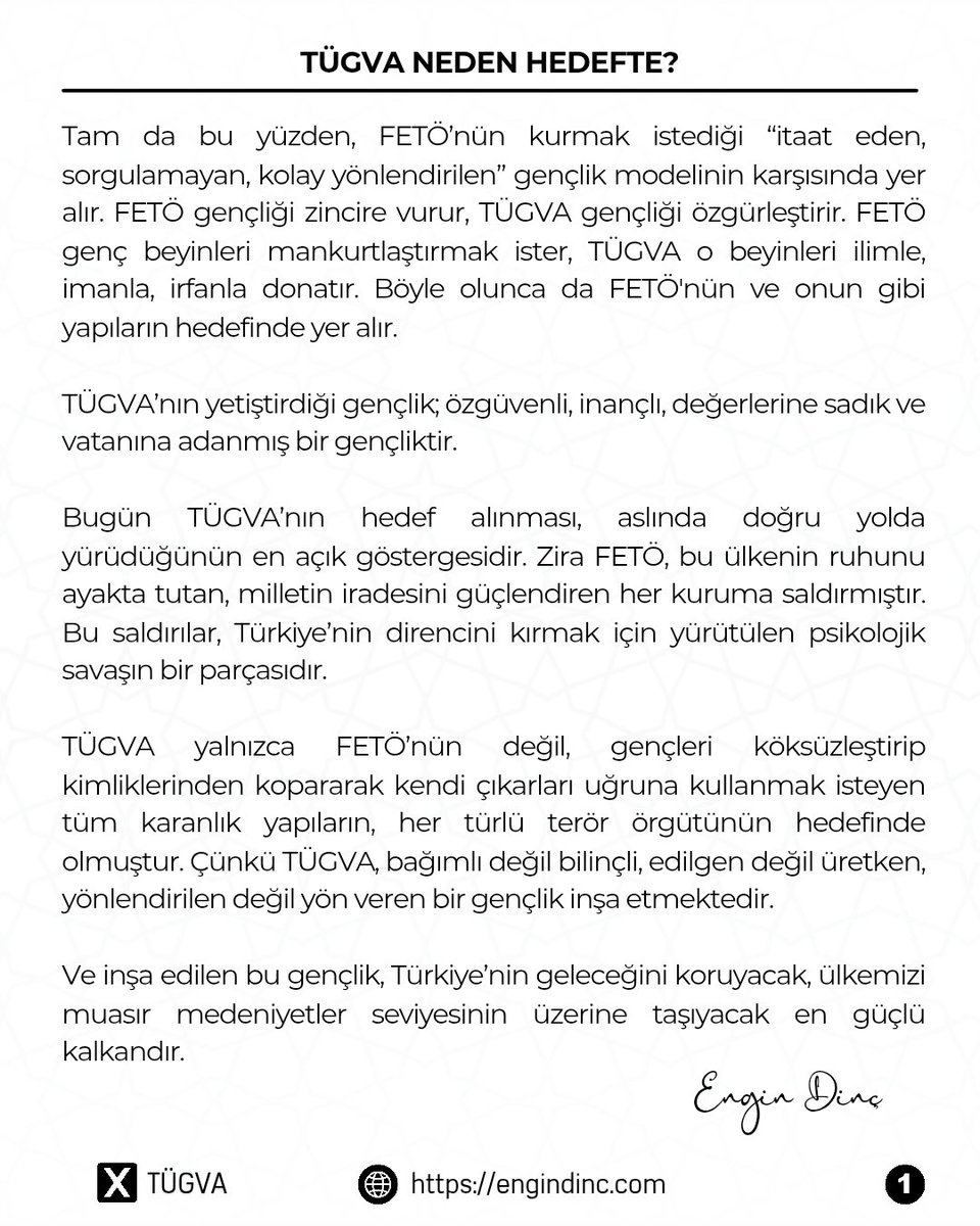TÜGVA Neden Hedefte?

TÜGVA, bir gençlik hareketinden çok daha fazlasıdır. Bu ülkenin gençlerini düşünmeye, sorgulamaya, üretmeye ve inanmaya teşvik eden bir diriliş mektebidir.

Tam da bu yüzden, FETÖ’nün kurmak istediği “itaat eden, sorgulamayan, kolay yönlendirilen” gençlik