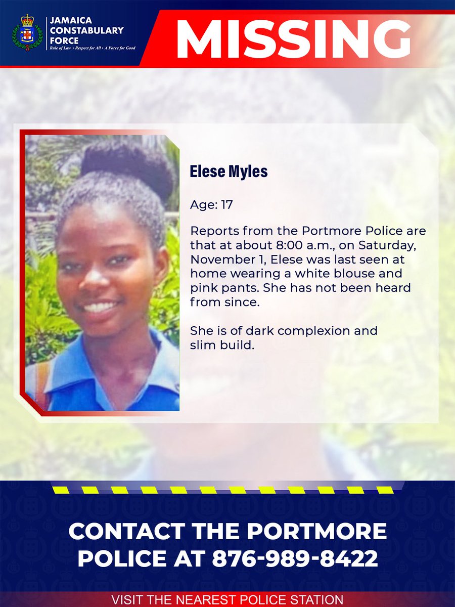 Elese Myles of Winona Drive, Bridgeport, St. Catherine, who was reported missing earlier today has returned home. 

She is said to be in good health. Thank you for your assistance.