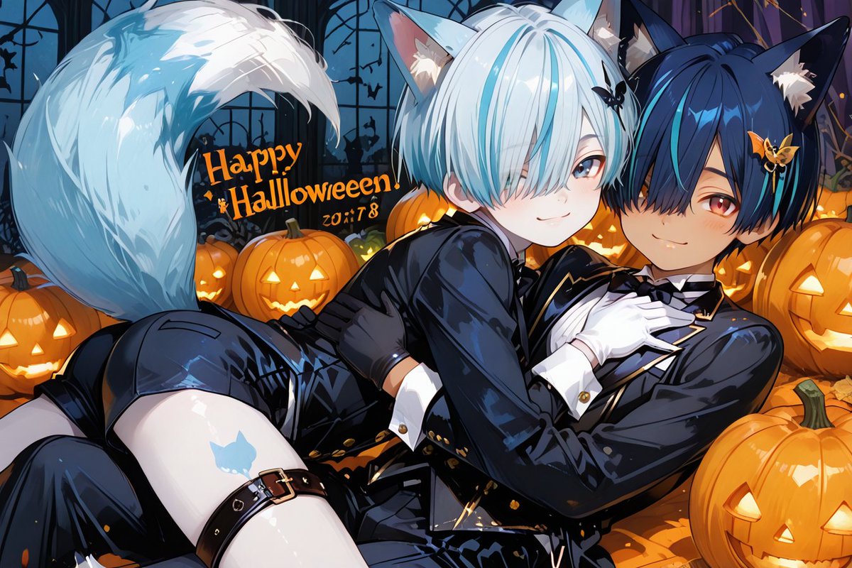 Ash265g's tweet photo. 遅れたけどhappy halloween👻
#shiroTOkuro #AIart #AIイラスト #ショタ #BL https://t.co/TfLdSv5ojC