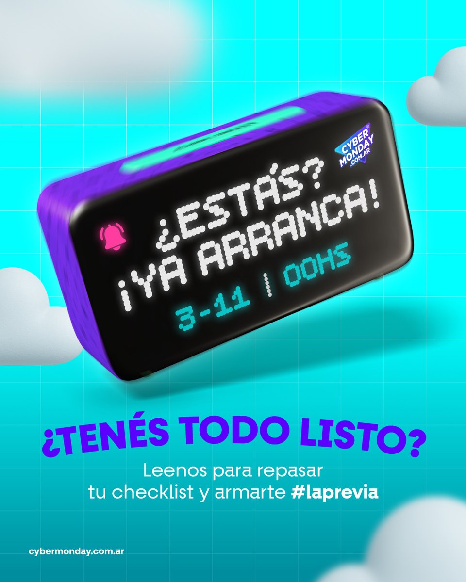 📣 ¡Ya arranca! 😃

🔹¿Estás suscripto?
🔹¿Hiciste la lista de todo lo que estás necesitando?
🔹¿Te agendaste las alarmas de las #SúperMegaOfertas y las #NocheBomba?
🔹¿Pusiste a cybermonday.com.ar en tus favs?
A las 00hs se prende la magia ✨
#CyberMonday2025 #CACE