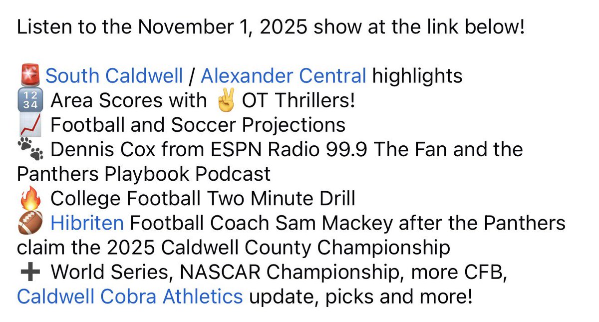 Listen at your leisure! Don't miss special guests Dennis Cox from <a href="/999TheFan/">99.9 The Fan</a> and Hibriten HC Sam Mackey! <a href="/TheFanRookie/">Dennis Cox</a> <a href="/gohibriten/">Hibriten Panthers</a> <a href="/LinkJeffery/">Jeff Link</a> <a href="/dmjones66/">David Jones</a> <a href="/kicks1033/">Kicks 103.3</a> <a href="/SouthCaldwell_1/">South Caldwell Athletics</a> <a href="/SouthCaldwell1/">South Caldwell High</a> <a href="/ACcougarsports/">Alexander Central Athletics</a> <a href="/AlexCentralHS/">Alexander Central HS</a>
