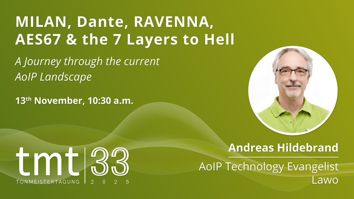 Tonmeistertagung starts tomorrow! ⏳

There are many RAVENNA partners to see at the show!

On Thursday 13th November, at 10:30am, you can join Andreas Hildebrand for his presentation:

🗣️ “MILAN, Dante, RAVENNA, AES67 &amp; the 7 Layers to Hell”

Learn more ➡️ bit.ly/3Up3TQk