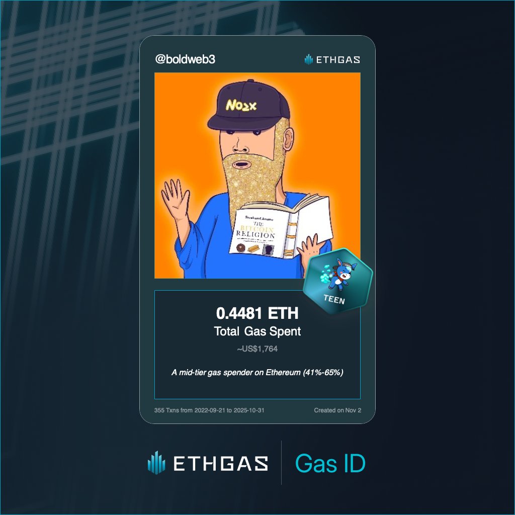 boldweb3's tweet image. Discovered my Gas ID via ETHGas - turning my gas spend into rewards 🫘

As a Teen Jack, I&apos;ve spent 0.4481 ETH on gas but earned 180 Beans back.

Get your Gas ID and Beans here: ethgas.com/community/gas-…
