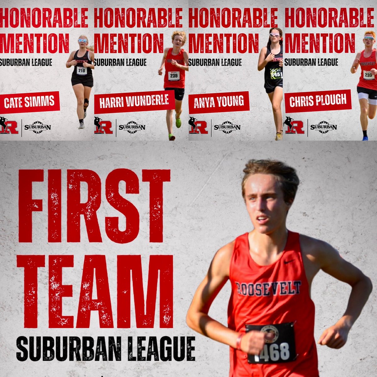 Congratulations to our Rough Rider Cross Country standouts for earning Suburban League honors this season!

🏅 First Team:
Carter Stevenson

🎖 Honorable Mentions:
Anya Young
Cate Simms
Harri Wunderle
Chris Plough

Your commitment defines what it means to run for Roosevelt.