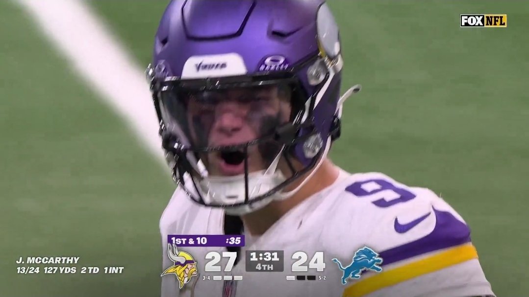 JJ McCarthy.  Is he perfect?  Not even close.  But he's a baller and he has that dog in him.  2-1 as a starter and just led his team, that everyone counted out, to a division win on the road against a powerhouse Lions team.  DOG.
#Vikings #SKOL