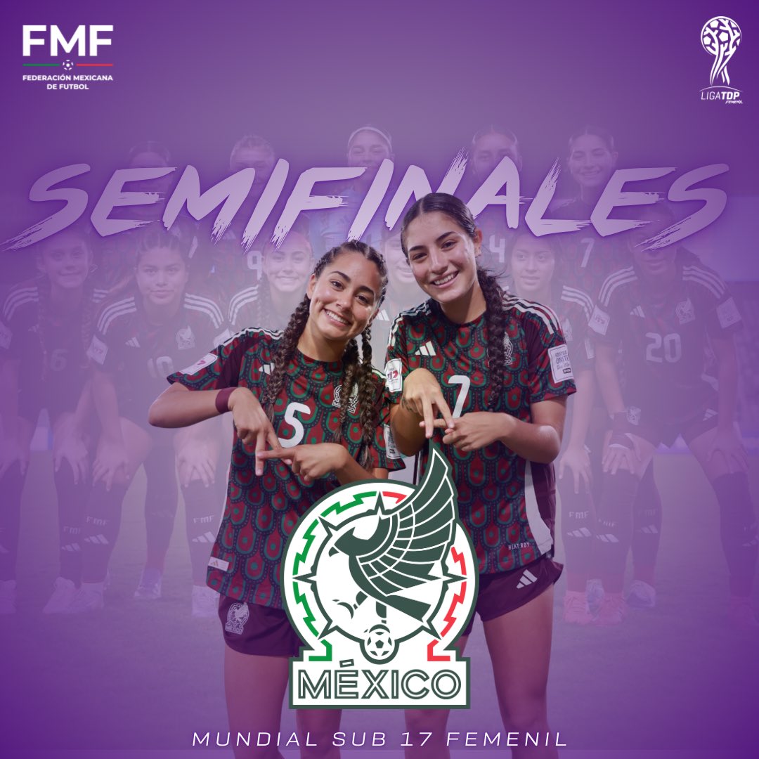 Felicidades chicas por el pase a semifinales del mundial sub 17 femenil. 🥹🇲🇽⚽️💜 ¡HAGAMOS HISTORIA <a href="/Miseleccionfem/">Selección Nacional de México Femenil</a> 

#LigaTDPFemenil #EsMomentoDeEllas
