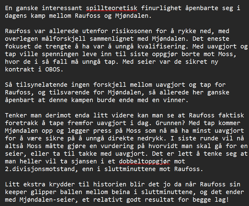 En relativt uvanlig situasjon, som likevel dukker opp av og til, hvor det kan være en fordel å tape en fotballkamp! Blir en uke med neglbiting på Melløs!
<a href="/D_Thon/">Dagfinn Thon</a> <a href="/norlink86/">Norlink86</a> <a href="/yiaman/">Yaw Amankwah</a> <a href="/Kraakevingen/">Kråkevingen</a> <a href="/DavyWathne/">Davy Wathne</a> <a href="/RBVegard/">Vegard Flemmen Vaagbø</a>