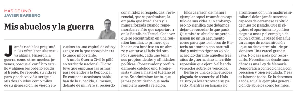 ✍️ “Mis abuelos y la guerra”. Más de Uno de domingo en <a href="/dmontanes/">eldiariomontanes.es</a> 
🤔 ¿Alguna vez seremos capaces de afrontar desde el rigor y el conocimiento y la naturalidad los años de Guerra Civil y la posterior represión? Berlín es el ejemplo a seguir.
Pasen y lean. Son todos bienvenidos
