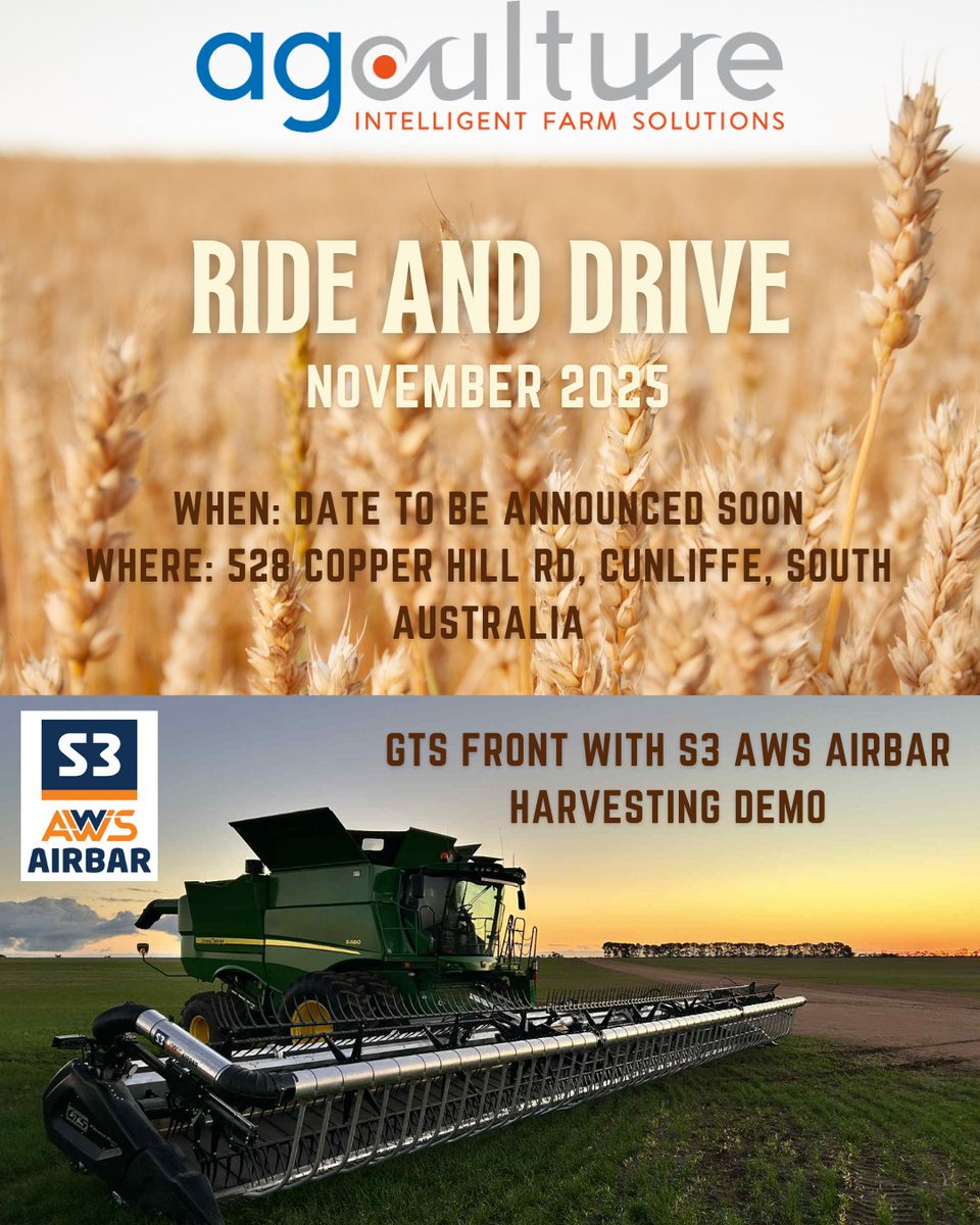 🚜 Upcoming Ride &amp; Drive! 🌾
Join us for our Harvesting Demonstration and see the GTS Front and S3 AWS Airbar in action!

📅 Coming November 2025 – stay tuned, the exact date will be announced soon!

Don’t miss your chance to see these machines perform in real harvest conditions.