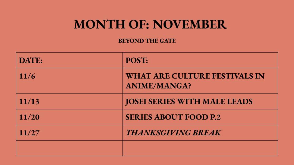 beyond_the_gate's tweet image. November has already started, and our monthly schedule is ready! We&apos;re excited to share these upcoming posts with you. Only a few more left until the end of the year. #anime #blog #animeblog #monthlyschedule