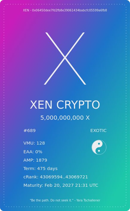 xenftbot's tweet image. New XENFT 689 minted of class Exotic (Apex)

128 VMUs for 475 days

Gas fee: 0.001762 ETH ($6.79)
Per VMU: $0.05

AMP: 1879 • EAA: 0%
cRank range: 43069594..43069721
Claim date: Feb 20, 2027 21:31 UTC
XEN 🔥: 5,000,000,000

xenmon.com/nft.html?c=eth… • #XENFT