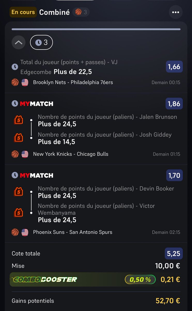FastBreakTips's tweet image. #NBA 

Combo 3 matchs @ 5,25 
MyMatch Winamax

Hors BK bien sûr 
C’est pour se faire plaisir !
Je préconise 0.5% sur ce genre de combiné 🤝

⚠️ Jouer ce que vous êtes prêt à perdre
 
#TeamParieur #FastBreakTips