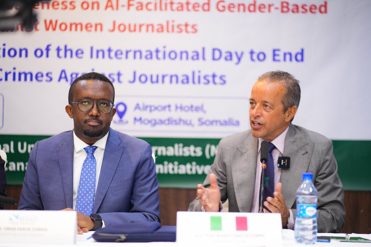 NUSOJofficial's tweet photo. At the national commemoration of the International Day to End Impunity for Crimes Against Journalists, organised by @NUSOJofficial in Mogadishu with the support of @CanHCKenya, the Italian Ambassador to Somalia, Pier Mario Daccò Coppi, reaffirmed Italy’s strong support for media freedom and justice for journalists. 🇮🇹🤝🇸🇴

He underscored the need to protect women journalists from all forms of violence and to ensure accountability for all crimes committed against journalists, as this is essential for upholding the right to freedom of information and freedom of expression.