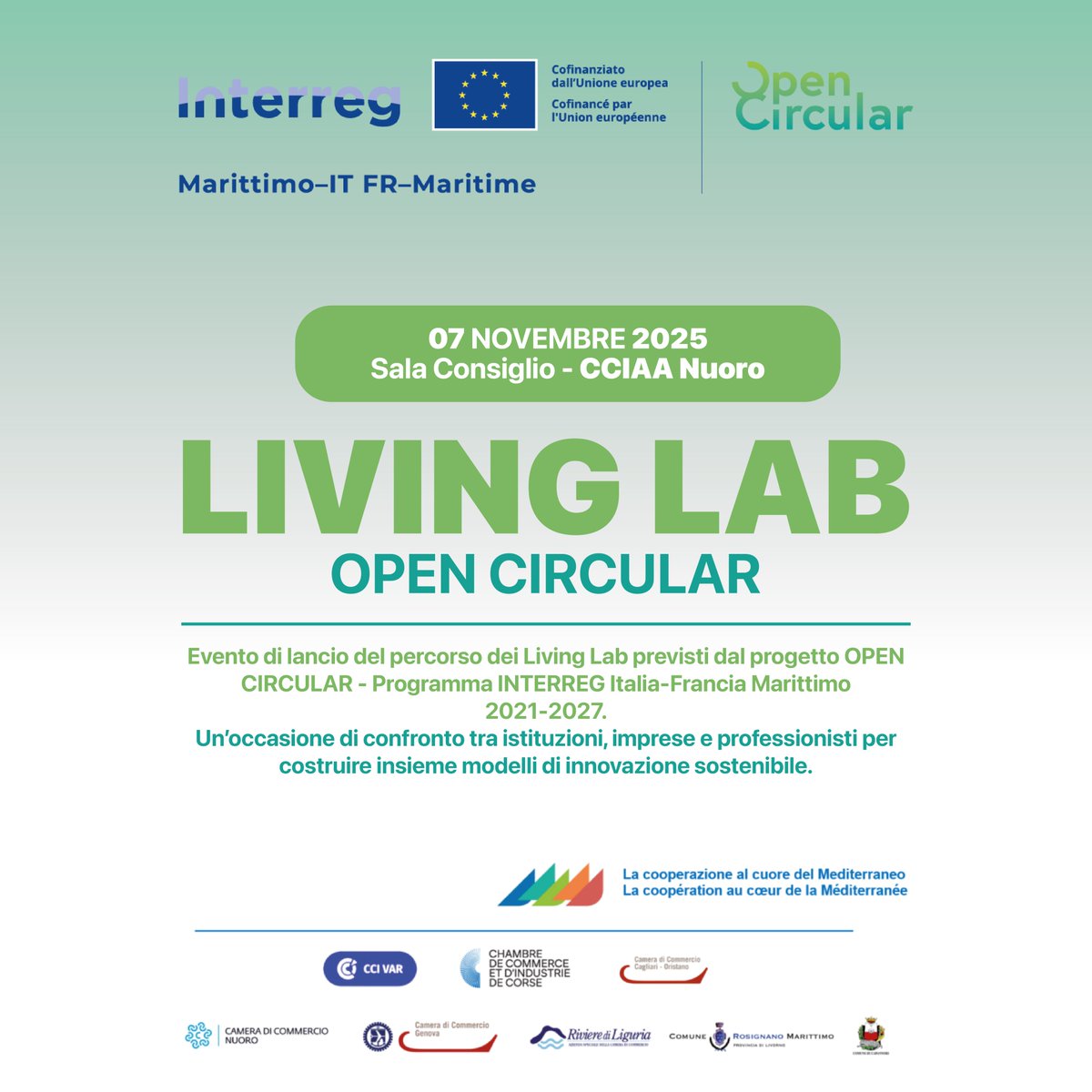 CCIAA_Nuoro's tweet image. ♻️ #OpenCircular parte da #Nuoro!
7/11 ore 10:15, Sala Consiglio @CCIAA_Nuoro 
Evento di lancio dei #LivingLab del progetto #InterregMarittimo Italia-Francia (@plastron2027) per l’#economiacircolare delle #PMI.

🔗 Scopri di più: bit.ly/3Wxmo6L
@CciCorse @CCIAARIVLIG