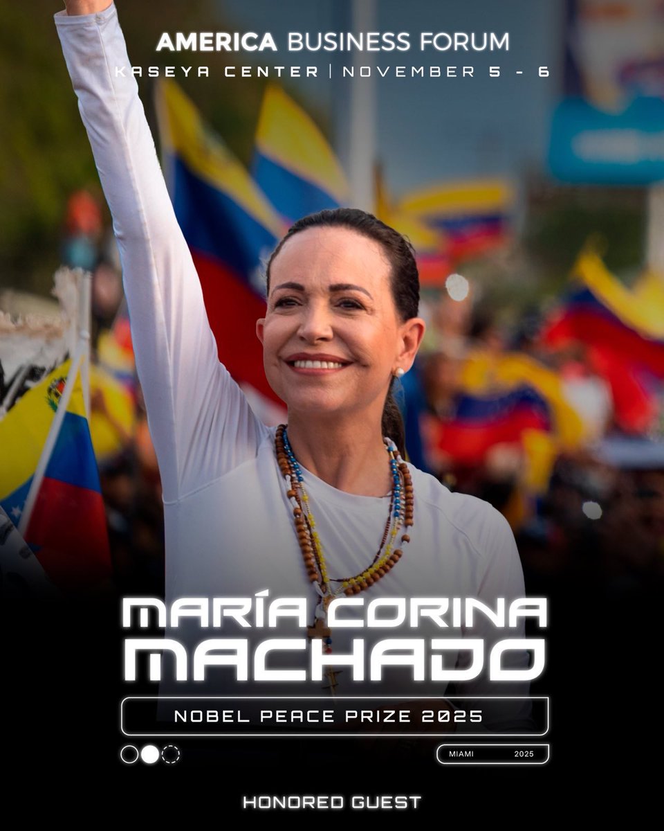 ¡María Corina junto a Trump, Messi, Rafael Nadal, Will Smith y Milei!

🇻🇪 La líder de Venezuela y Premio Nobel de la Paz, <a href="/MariaCorinaYA/">María Corina Machado</a>, será una de las oradoras principales del America Business Forum 2025, junto a <a href="/POTUS/">President Donald J. Trump</a>, <a href="/JMilei/">Javier Milei</a>, <a href="/leomessisite/">Leo Messi</a> y otras figuras del liderazgo