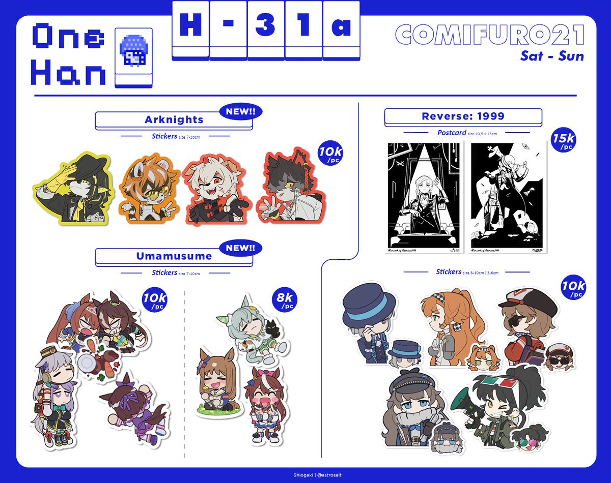 AstroSalt's tweet image. #CF21 catalogue
📌 H-31a, One Han
📅 Both days (15~16 Nov)
📛 Arknights, Umamusume, Reverse: 1999

#cf21catalogue