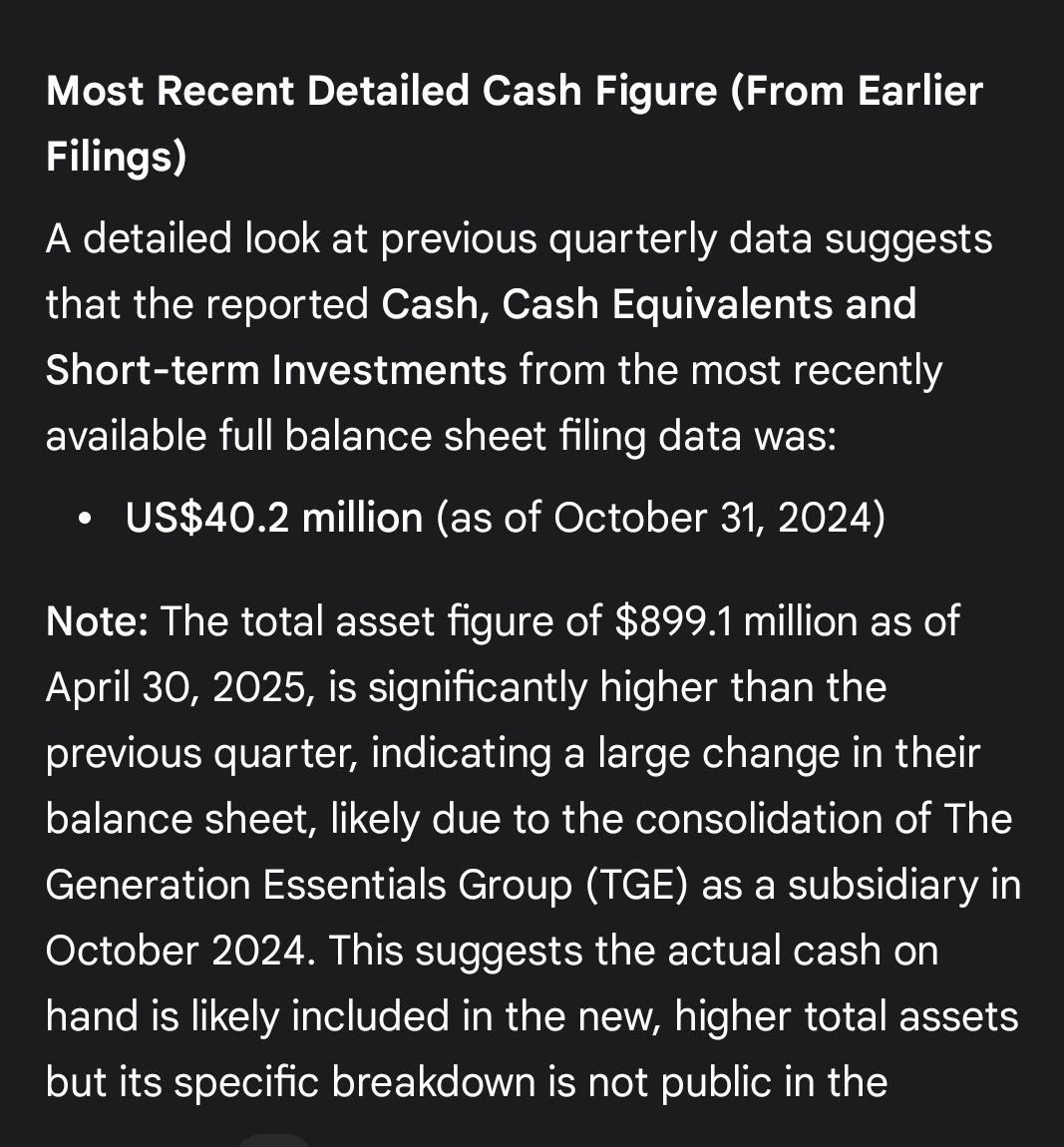 CreoleNote7's tweet image. $HKD Cash on hand team!!🤑🤑🤑

Don&apos;t have that history of raising cash through dilution, seems to be a safe investment 

​Based on the information available:
​Total Assets: US$899.1 million (as of April 30, 2025)  
​Net Assets: US$548.0 million (as of April 30, 2025