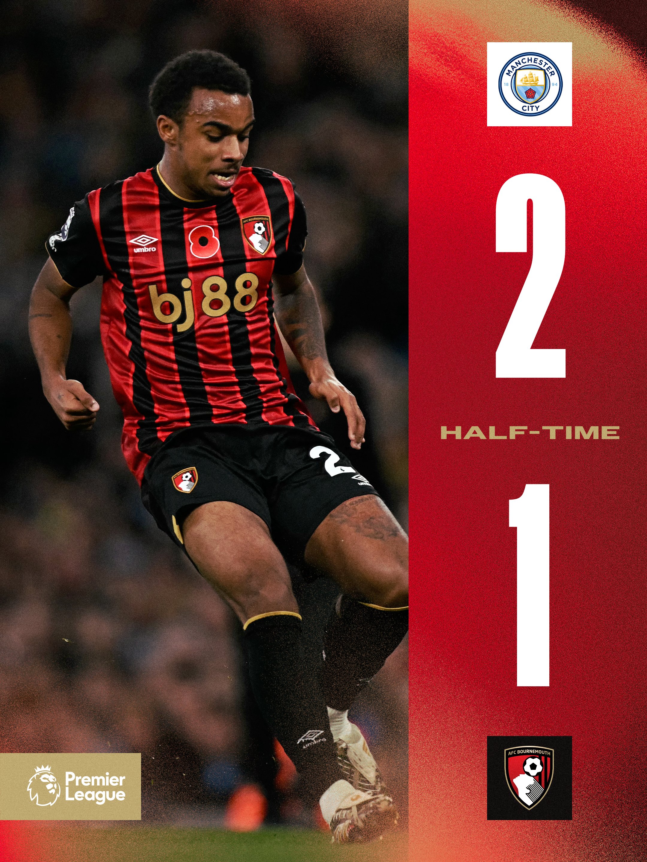 Half-time graphic: Man City 2-1 AFC Bournemouth.