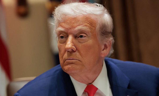 First image displays Donald Trump, an elderly man with white hair, wearing a blue suit, white shirt, and red tie, seated indoors with a neutral expression and American flag in the background. Second image shows Xi Jinping, a middle-aged man with black hair, dressed in a dark suit, white shirt, and red tie, standing against a solid red background with a serious facial expression.