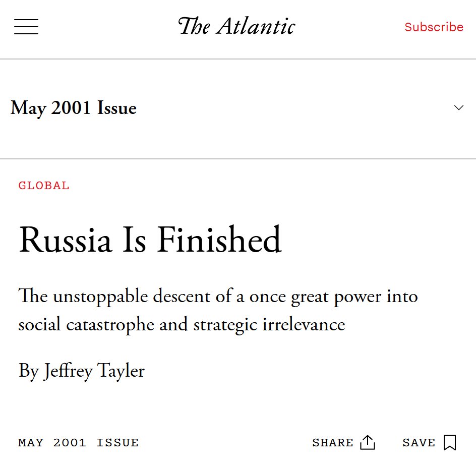 The Atlantic declared Russia finished 24 years ago, now the country is a key player in the transformation to a new order where global power is shared more equitably. 

Neither Russia nor China voted for the so-called rules-based order, which is just a euphemism for US hegemony,