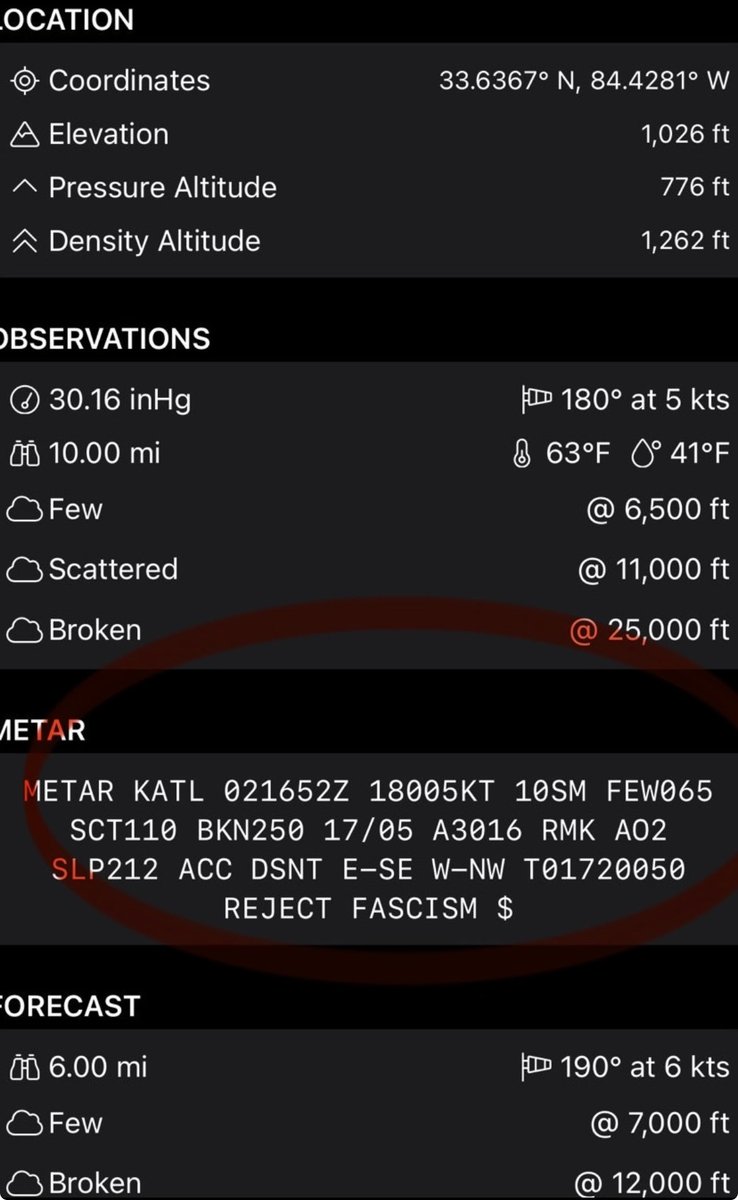 PhilHollowayEsq's tweet image. Hey @SecDuffy what’s with the political messages being pushed out via METARs today?

These are aviation weather reports used by pilots to see what the weather is at airports everywhere

Some wise ass is using the @FAANews to push their “reject fascism” propaganda