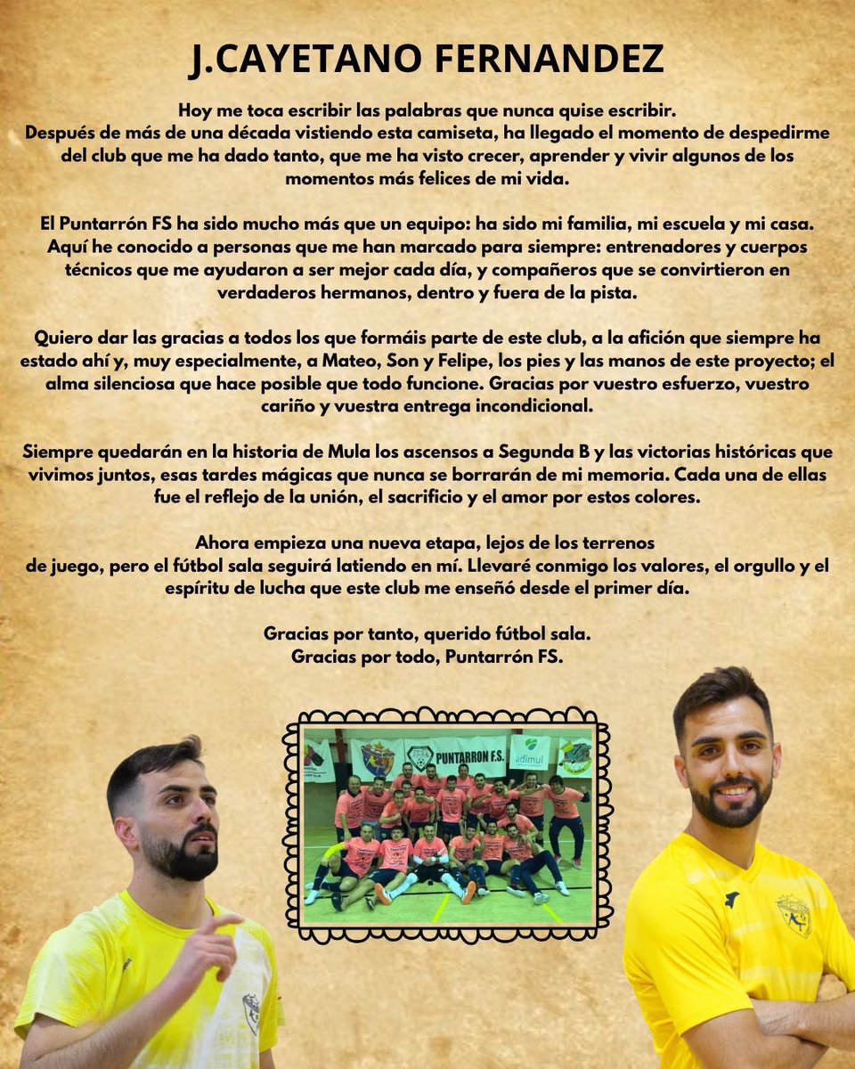 Cayetano tiene algo que deciros…

Nosotros sólo tenemos que decirte GRACIAS y que la vida te devuelva todo lo que nos has dado. Eres historia de un barrio, de un pueblo y del deporte local y regional. 

Te queremos mucho. Tu club PUNTARRON FUTSAL. 🥹💛💙