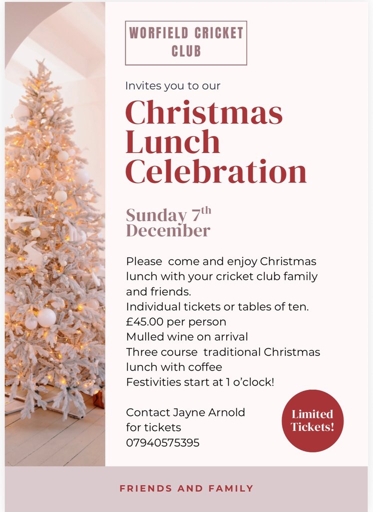 ???Christmas Lunch Celebration - Sunday 7th December 1pm #Pitchero
worfieldcricketclub.co.uk/calendar/event…