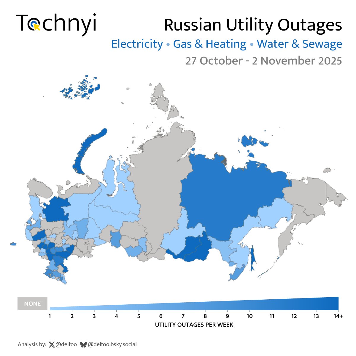Map of Utilities outages in Russia for the week 27th of October to the 2nd of November. This year starts really strong with 250 outages reported in the last week of October vs 225 last year. More importantly this is the first year of outages due to drone attacks.