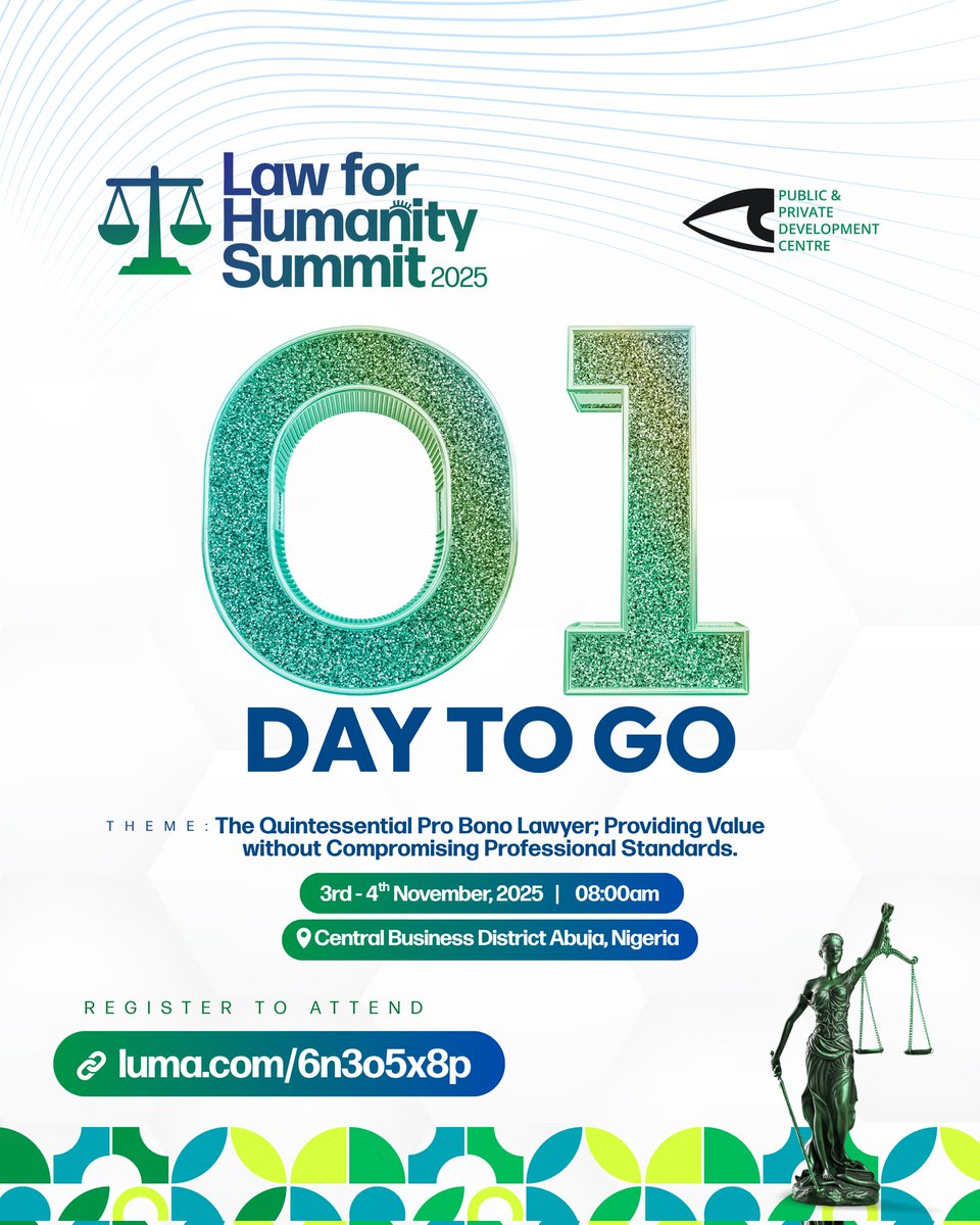 PPDC_ng's tweet image. 1 Day to Go! 🚀
Tomorrow, we gather for the Law for Humanity Summit!
Don’t miss this convergence of legal minds and changemakers driving reforms for a fairer, more just society.

#LawForHumanity #AccessToJustice #ProBonoLeadership