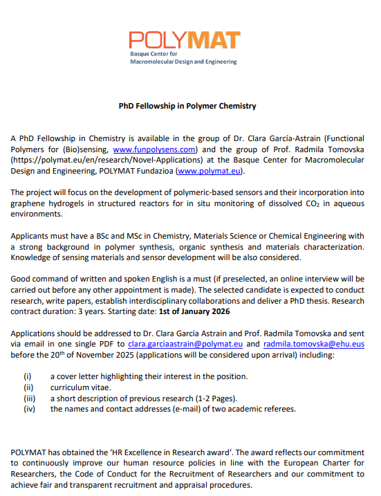 🔊PhD #Fellowship in Polymer #Chemistry
🗓️Fecha límite: 20 noviembre 2025
➡️goo.su/m1djowM