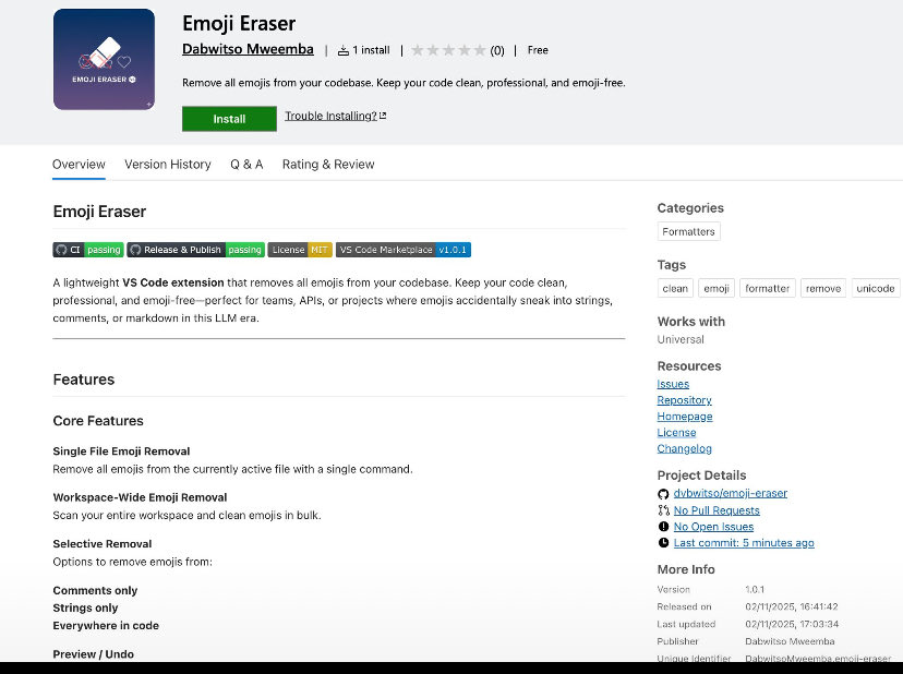 dvbwitso's tweet image. Just launched: Emoji Eraser, a @code extension for devs who’ve let LLMs leave “🔥” &amp;amp; “😂” sneak into their code.

Because what’s fun in chat… is not funny in production. 😅

Check it out here :

marketplace.visualstudio.com/items?itemName…