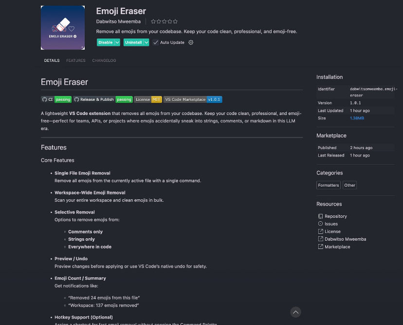 dvbwitso's tweet image. Just launched: Emoji Eraser, a @code extension for devs who’ve let LLMs leave “🔥” &amp;amp; “😂” sneak into their code.

Because what’s fun in chat… is not funny in production. 😅

Check it out here :

marketplace.visualstudio.com/items?itemName…