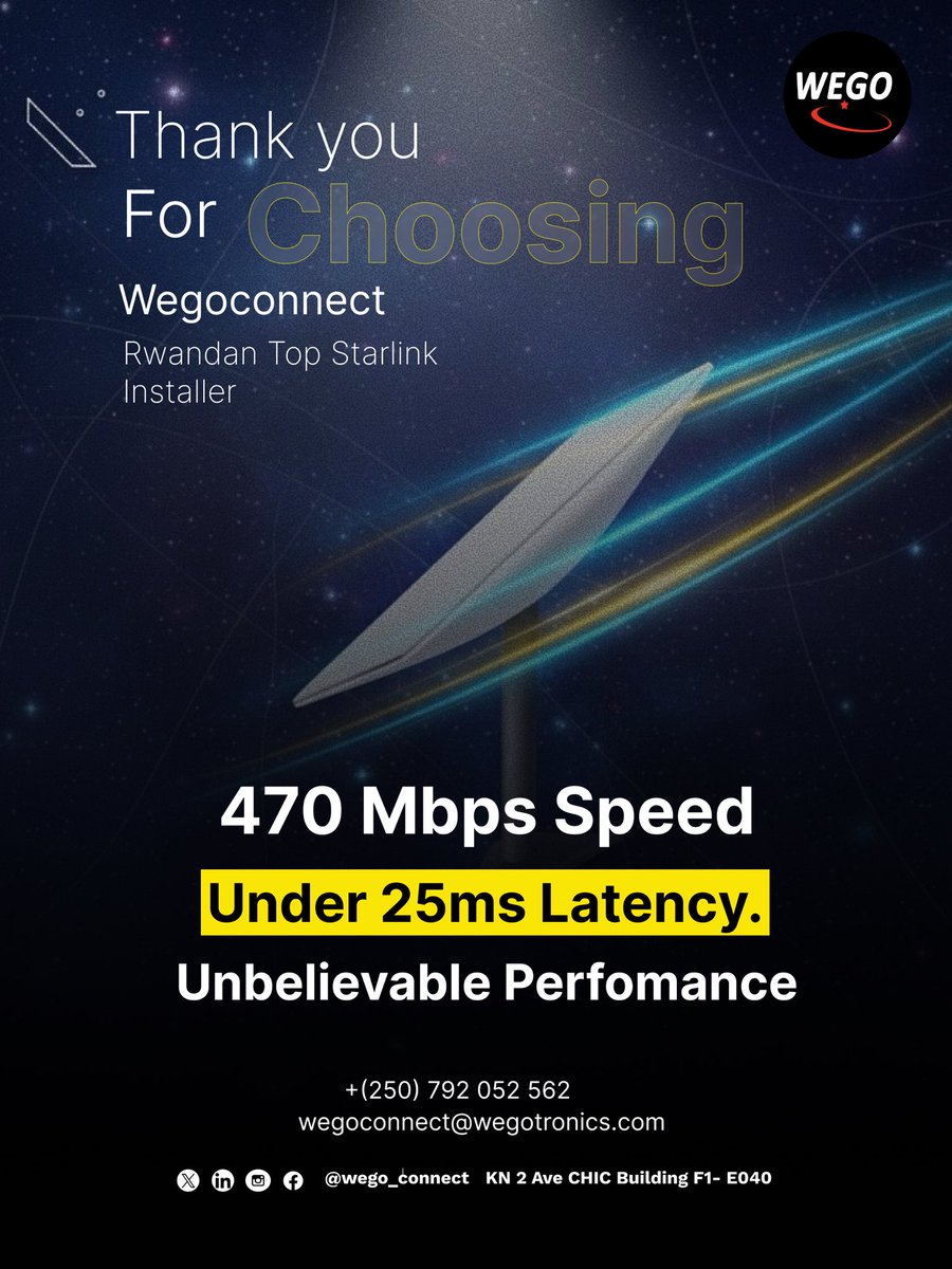 Experience Unbelievable Performance! 470 Mbps Speed and Under 25ms Latency with Wegoconnect, Rwanda's Top Starlink Installer.