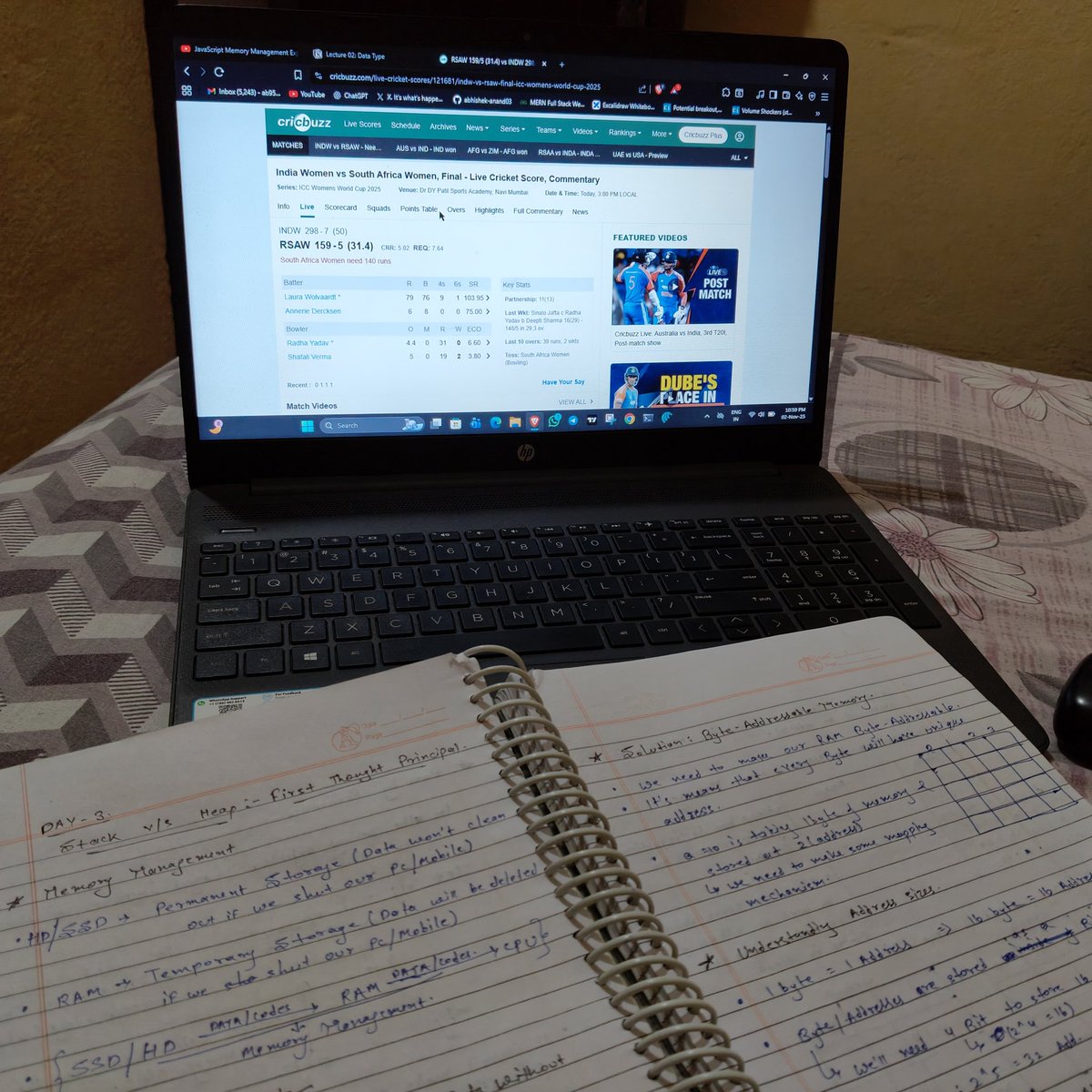 Akco_01's tweet image. Cheering India while revising previous topics of #javascript from @CoderArmy playlist...
#INDWvsSAW #INDvsSA #WomensWorldCup2025