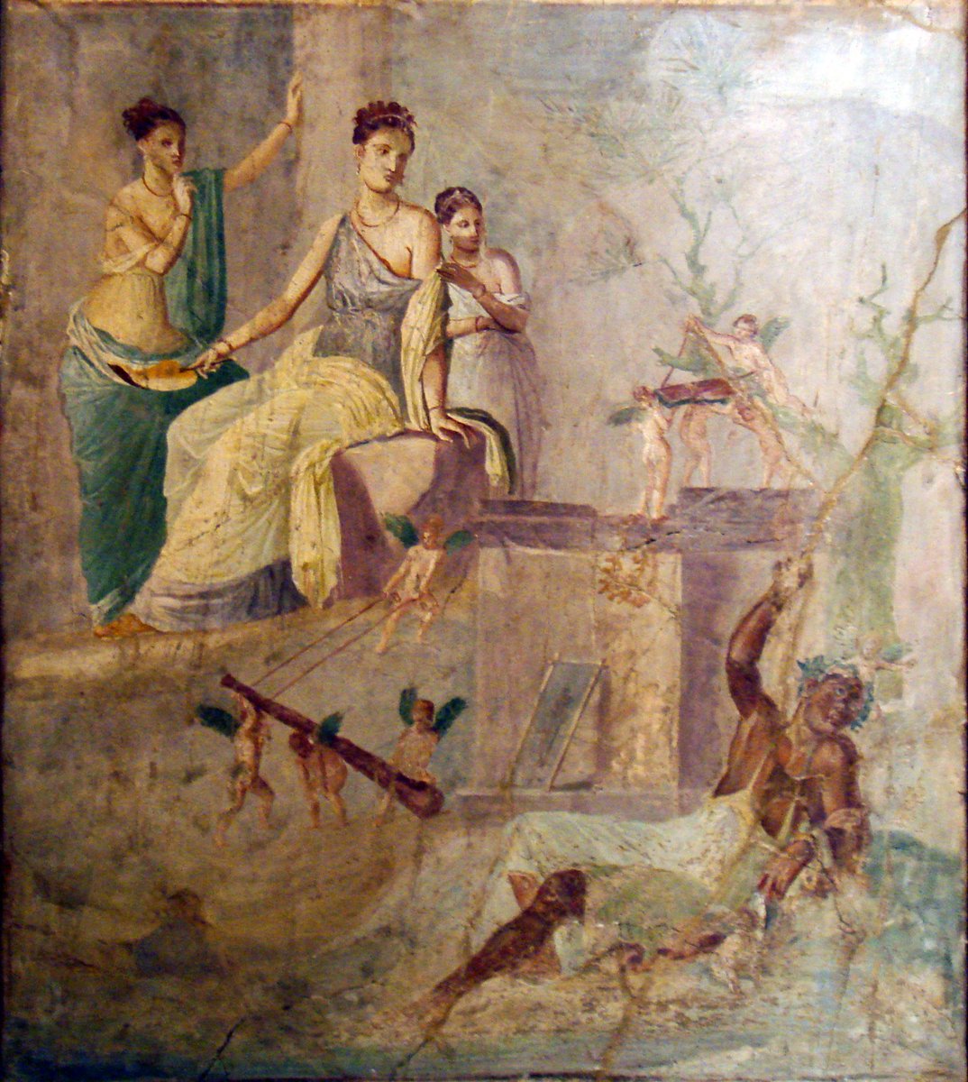Hércules y Ónfale ebrios. Fresco romano antiguo de la Casa del Príncipe de Montenegro, Pompeya. Museo Arqueológico Nacional de Nápoles.  Tercer estilo pompeyano (1-50 d. C.). Hércules, ebrio y vestido de mujer, es observado por la reina Ónfale. Cupidos alados lo han apresado.