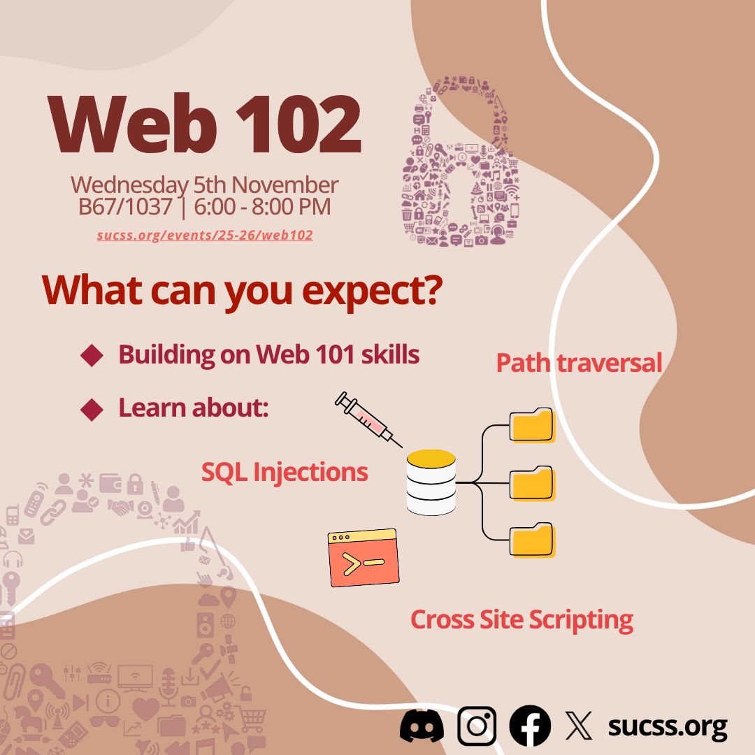 Hey everyone! This week, we’re diving deeper into the world of web security. We’ll be building on everything you learned in Web 101 and tackling web vulnerabilities with some hands-on challenges involving path traversal, command injection, and SQL injection! 💻 See you there!