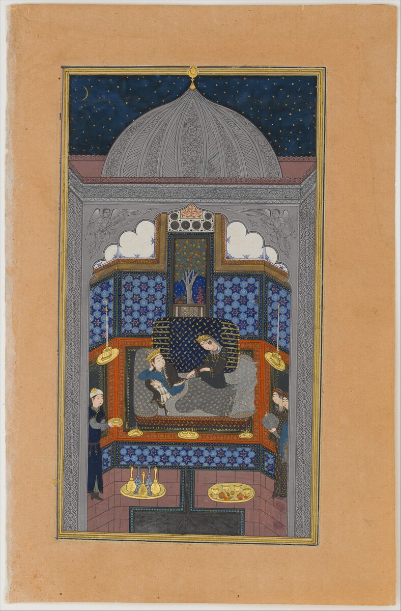 "Bahram Gur and the Indian Princess in the Dark Palace on Saturday", Folio 23v from a Haft Paikar (Seven Portraits) of the Khamsa (Quintet) of Nizami #artbots #themet