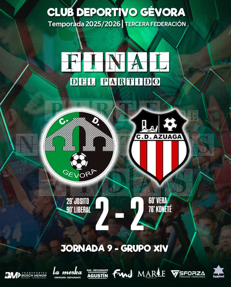 🔚 𝐅𝐈𝐍𝐀𝐋 𝐃𝐄𝐋 𝐏𝐀𝐑𝐓𝐈𝐃𝐎

💚 <a href="/CdGevora/">Cʟᴜʙ Dᴇᴘᴏʀᴛɪᴠᴏ Gᴇ́ᴠᴏʀᴀ</a> 2-2 <a href="/cdazuaga/">CD Azuaga</a> 🔴

⚽️ Josito y Liberal 

🟰 EMPATE ante un gran equipo que nos puso las cosas muy difíciles. 

#Jornada9 
#CDCCDA