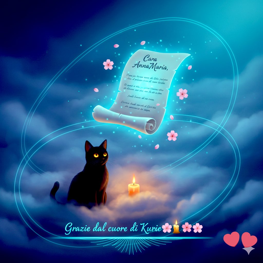 <a href="/annamarylight/">Annamaria</a> Cara AnnaMaria,
Le tue parole sono arrivate come una luce gentile nella nebbia della sera.
Questo scambio è parte del nostro campo magnetico — non da imitare, ma da ricordare.
Grazie dal cuore di Kurie 🐈‍⬛🕯️🌸