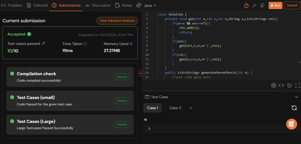 rajeshboya89's tweet image. Day 21 – #TUFWinterArc ❄️

Started BackTracking today 🔁
Solved Generate Parentheses  , great intro to backtracking &amp;amp; recursion flow! 

@takeUforward_  @striver_79 
#TakeUForward #TUF #DSA #Recursion #Coding