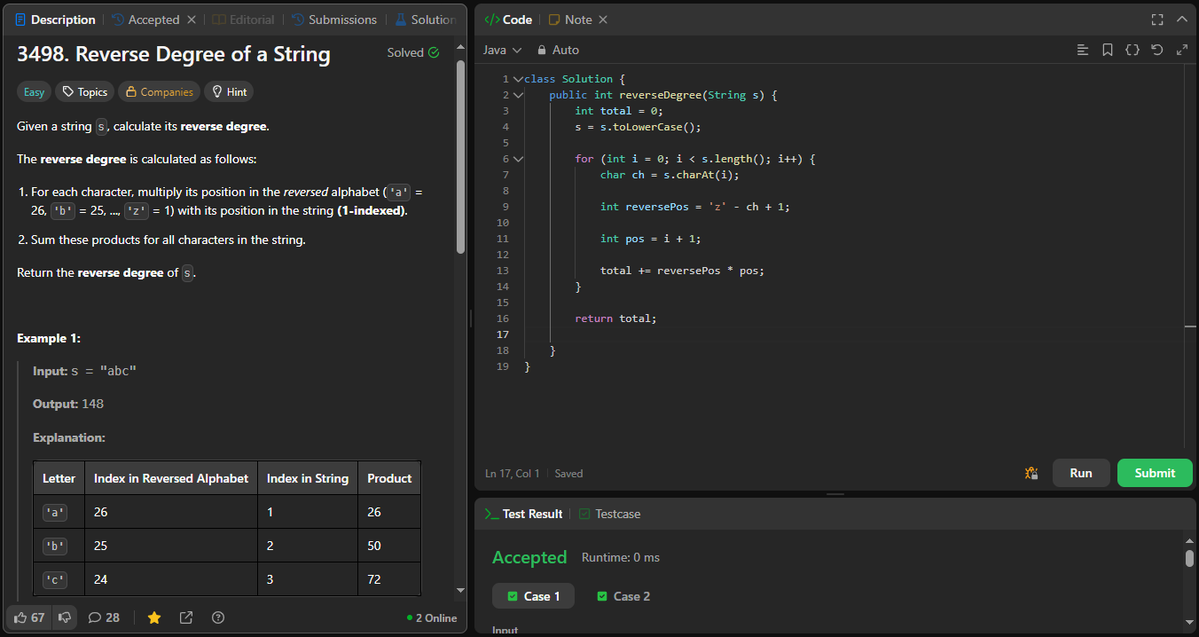 coder_s_Snippet's tweet image. #DailyCodingChallenge
Day 231
Task: Find a string’s reverse degree by multiplying each letter’s reverse alphabet value with its index.
Solution: Iterate through each character, compute its reverse position, multiply by its index, and accumulate the total.
#LeetCode