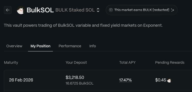aimin31's tweet photo. max farm [redacted] on @bulktrade right before testnet

• 3in1 airdrop: @Titan_Exchange / @ExponentFinance / @bulktrade
-swap you sol to bulksol on titan
-add bulksol to vault / mint PT-bulkSOL and earn ≈17% apy

• risky play
-mint YT-bulkSOL on Exponent
-12% apy with [redacted]
-effective exposure 25.5x

gBulk