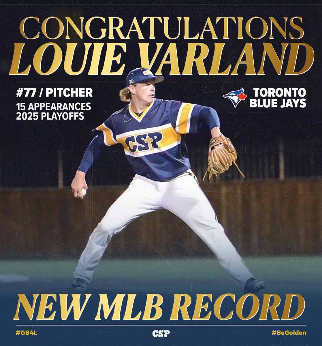CSPBears's tweet image. Congratulations to @CSPBearsBase alumni @LouieVarland for breaking the MLB postseason appearance record for a reliever! 🐻⚾️👏🏼

#LetsGoBears #BeGolden #GB4L #CSP #wantitall