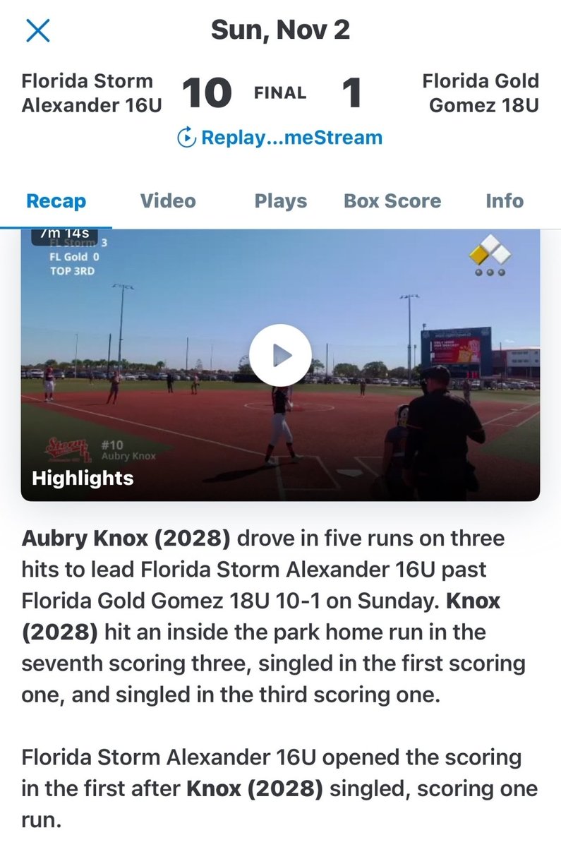 mknox_10's tweet photo. @KnoxAubry736 with 3 hits and 5 RBI's to put @flstorm16u in the quarterfinals on championship Sunday. https://t.co/bL6ts7nEzb