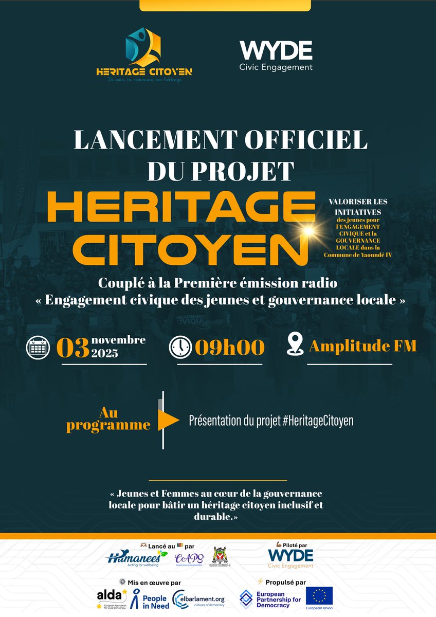 Official launch of the #HeritageCitoyen project!
Empowering youth &amp; women for inclusive local governance in #YaoundéIV 🌍
🎙️ Tomorrow on Amplitude FM: first radio show on Youth Civic Engagement &amp; Local Governance 

#WYDEngagement #ongola_nyĩena #YouthInAction