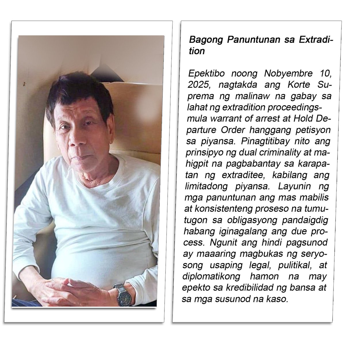 PHILSHIELD85936's tweet image. ⚖️ Bagong panuntunan sa #ExtraditionPH epektibo na simula Nobyembre 10, 2025—mas malinaw, mas mabilis, at mas mahigpit ang proseso mula warrant at HDO hanggang piyansa, habang iginagalang ang due process at karapatan ng extraditee. #RuleOfLaw #TransparencyPH
